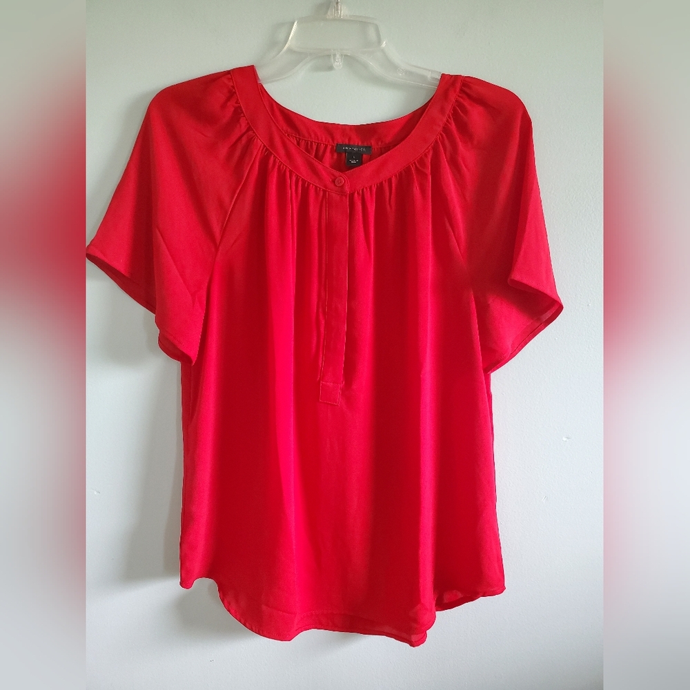 Ann Taylor Red Short-Sleeve Pleated Yoke Blouse